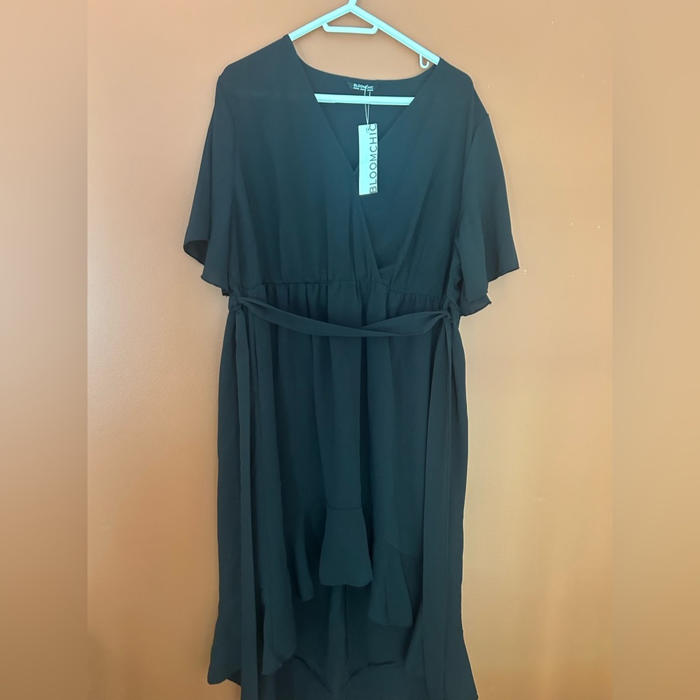 BloomChic Black Flutter Sleeve Wrap Midi Dress